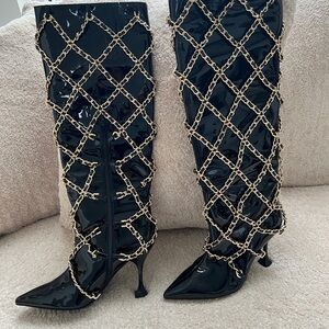 Jeffrey Campbell Black Patent Chain Heeled Boots